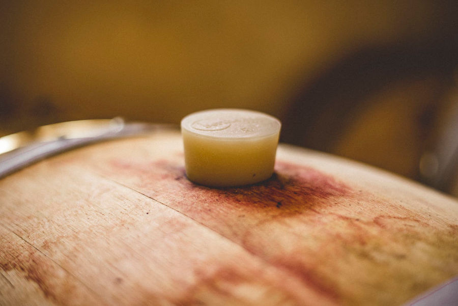 wine wood barrel with wax bung at Klima Grampsa cellar